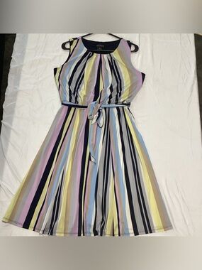 Enfocus Studio Sleeveless Striped Midi Dress in Pastel Yellow, Blue & Lavender